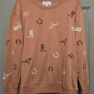 Embroidered Western Motif Crewneck Sweatshirt - Rust